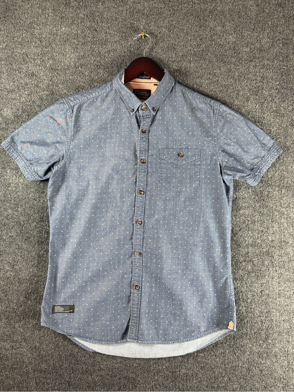 7 Diamonds Vintage Mens Sm Blue Yellow Geo Print Short Sleeve Button Down Shirt